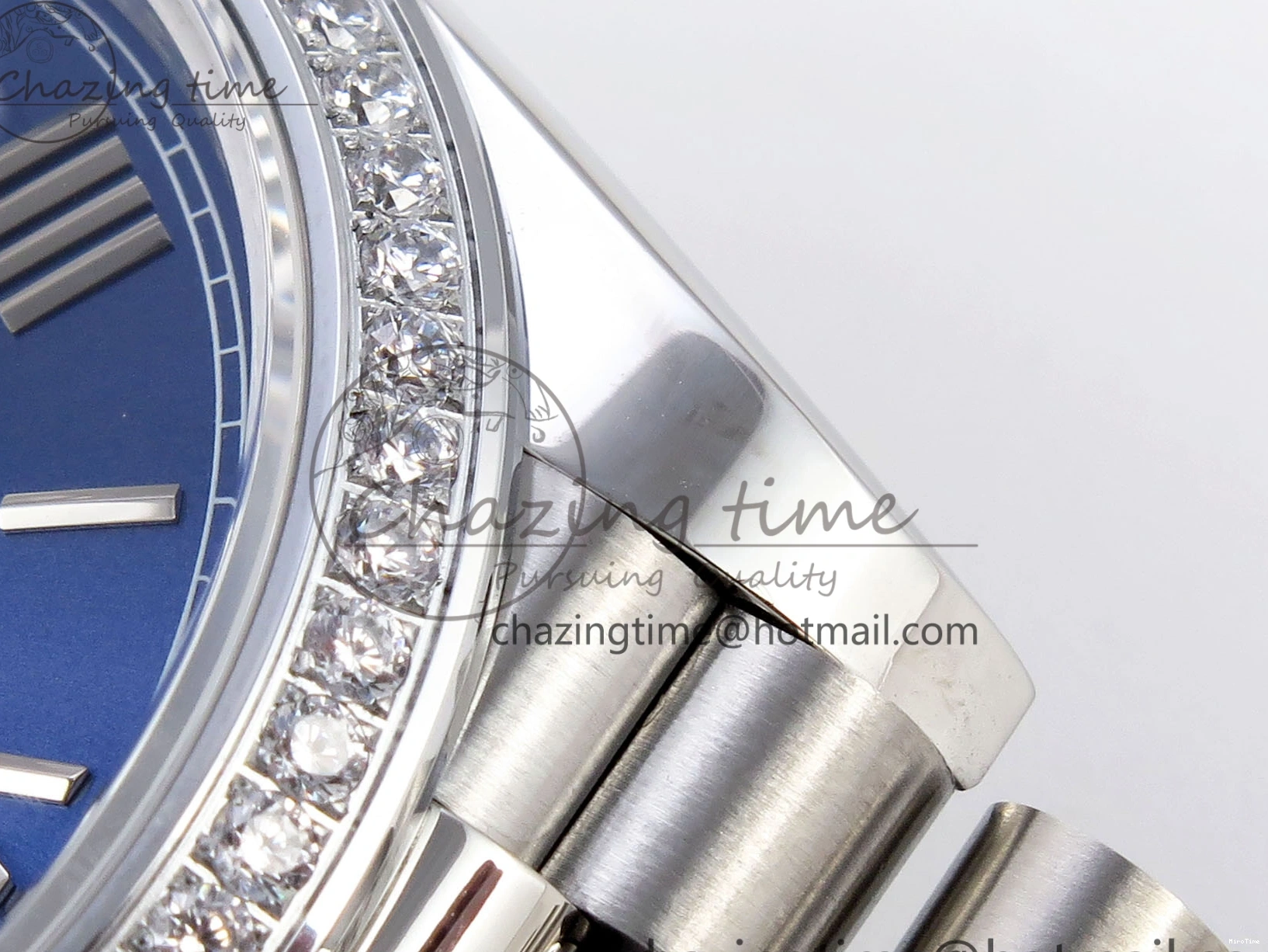 MiroTime 0426 QuickDry DayDate 40 SS GSF Gain Weight Blue Roman Dial Diamonds Bezel on President Bracelet A 1917
